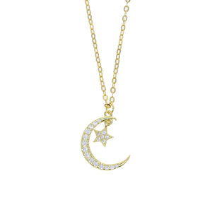 925 Silver Star Moon Pendant Necklace Cz Paved Bling Lady Charm Wedding Jewelry