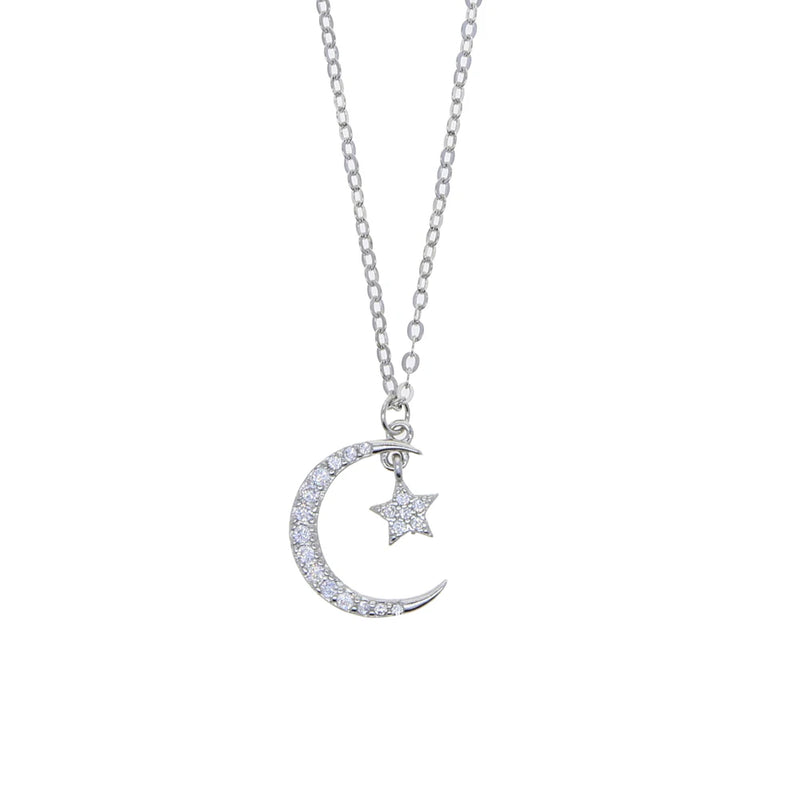 925 Silver Star Moon Pendant Necklace Cz Paved Bling Lady Charm Wedding Jewelry