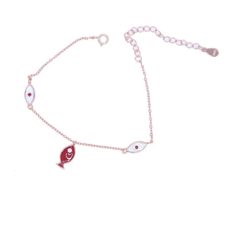 925 Sterling Silver Enamel Fish Evil Eye Charm Bracelet