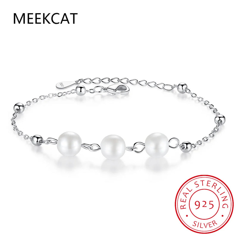 925 Sterling Silver Shell Pearl Bead Women Bracelet Fine Jewelry BSB090
