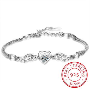 925 Silver Angel Wings Heart Charm Bracelet White/Purple Crystal