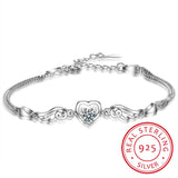 925 Silver Angel Wings Heart Charm Bracelet White/Purple Crystal