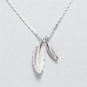 925 Silver Double Feather Necklace Women Lady Jewelry