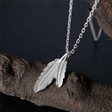 925 Silver Double Feather Necklace Women Lady Jewelry