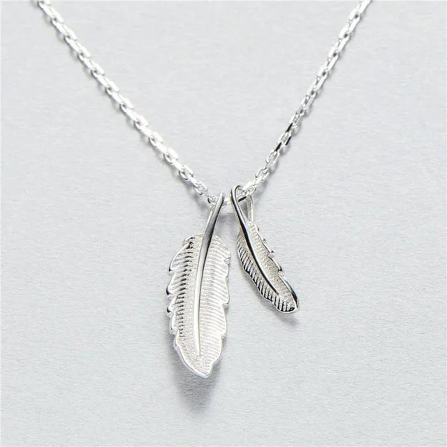 925 Silver Double Feather Necklace Women Lady Jewelry