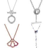 925 Silver Double Hoop T-bar Necklace Pink Fan Charm DIY Jewelry
