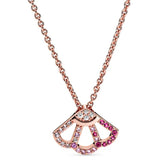925 Silver Double Hoop T-bar Necklace Pink Fan Charm DIY Jewelry
