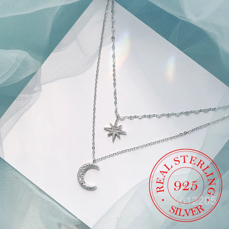 925 Silver Crystal Star Moon Necklace Wedding Jewelry