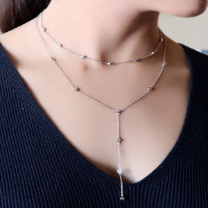 925 Silver Double Layer Necklaces CZ Chain Charming Ladies Jewelry