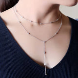 925 Silver Double Layer Necklaces CZ Chain Charming Ladies Jewelry
