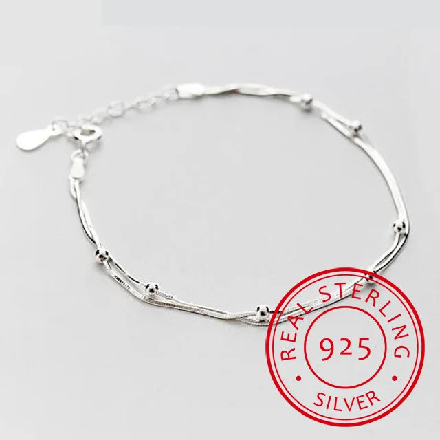 925 Sterling Silver Double Round Beads Bracelet Snake Bone Chain