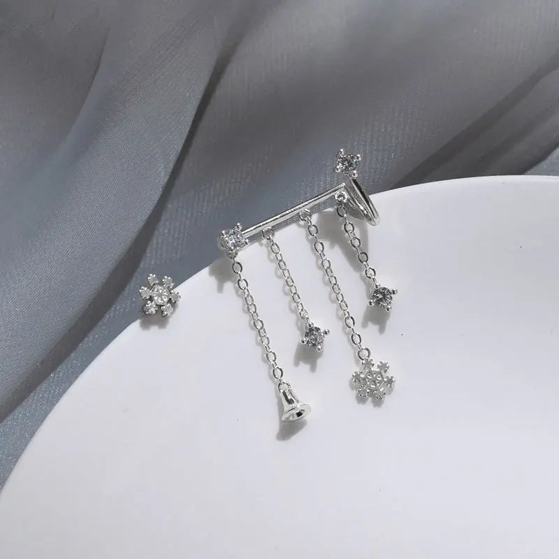 925 Silver Drop Earrings Asymmetric Snowflake Zircon Tassel Jewelry