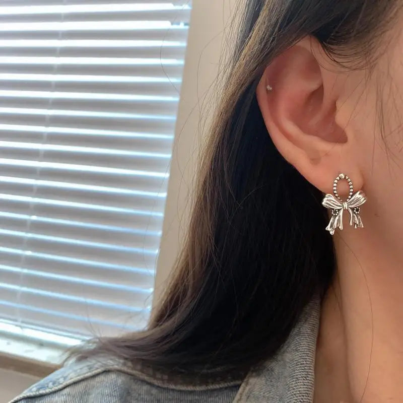 925 Silver Drop Earrings Unique Vintage Bow Jewelry