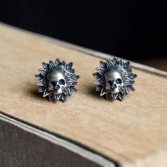 925 Silver Sunflower Skull Earrings Gift