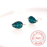 925 Silver Enamel Leaf Stud Earrings Women Girls Party Gift Jewelry