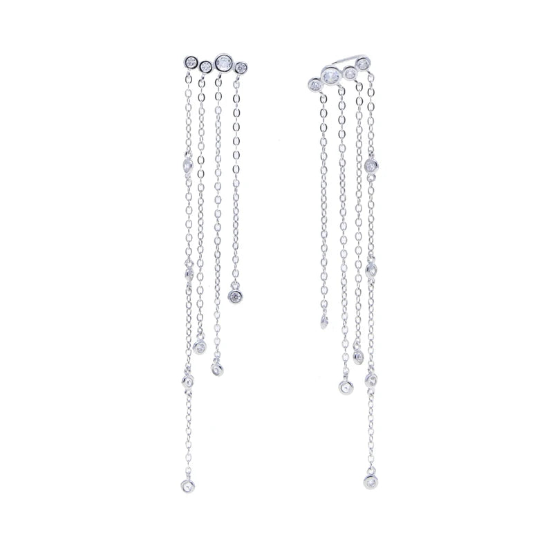 925 Silver Geometric CZ Tassel Chain Drop Earrings