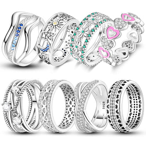 925 Silver Clover Moon Heart Rings Zircon Wedding Jewelry