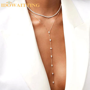 925 Silver CZ Cluster Charm Chain Y Lariat Necklace