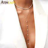 925 Silver Geometric CZ Station Link Y Necklace