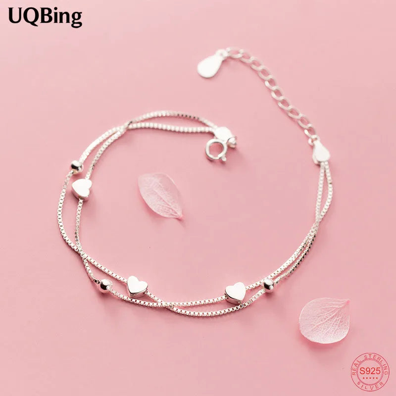 925 Silver Heart Charm Bracelets Double Layer Box Chain Women Bracelet