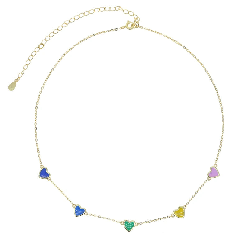 925 Silver Plated Enamel Heart Charm Choker Necklace
