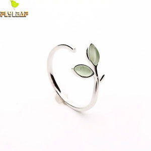 925 Silver Green Opal Leaves Buds Open Ring Women Jewelry