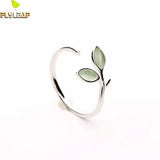 925 Silver Green Opal Leaves Buds Open Ring Women Jewelry