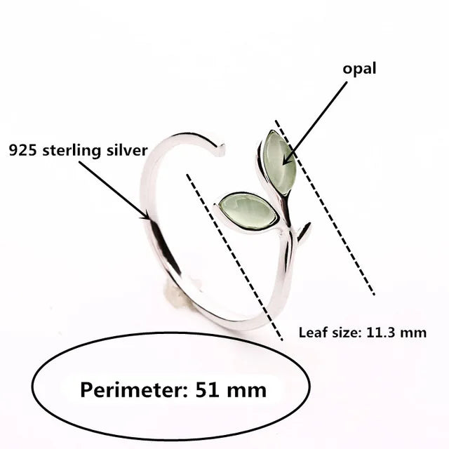925 Silver Green Opal Leaves Buds Open Ring Women Jewelry