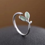 925 Silver Green Opal Leaves Buds Open Ring Women Jewelry