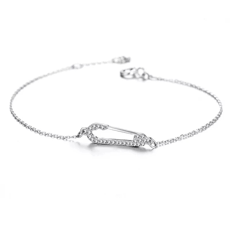 925 Silver Safety Pin CZ Charm Bracelet For Women