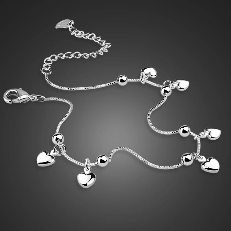 925 Sterling Silver Heart Ankle Pendant Beaded Foot Jewelry