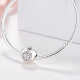 925 Silver Heart Bead Bracelet Charm Pink Crystal