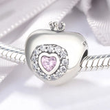 925 Silver Heart Bead Bracelet Charm Pink Crystal