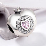 925 Silver Heart Bead Bracelet Charm Pink Crystal