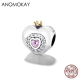 925 Silver Heart Bead Bracelet Charm Pink Crystal