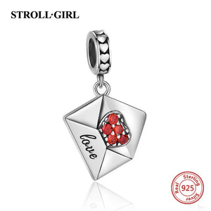 925 Silver Heart Envelope Charm Bead with Red Cz - Fits Bracelet