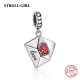 925 Silver Heart Envelope Charm Bead with Red Cz - Fits Bracelet