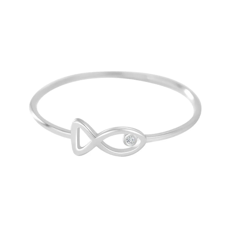 925 Sterling Silver Fish Ring with Crystal Stone