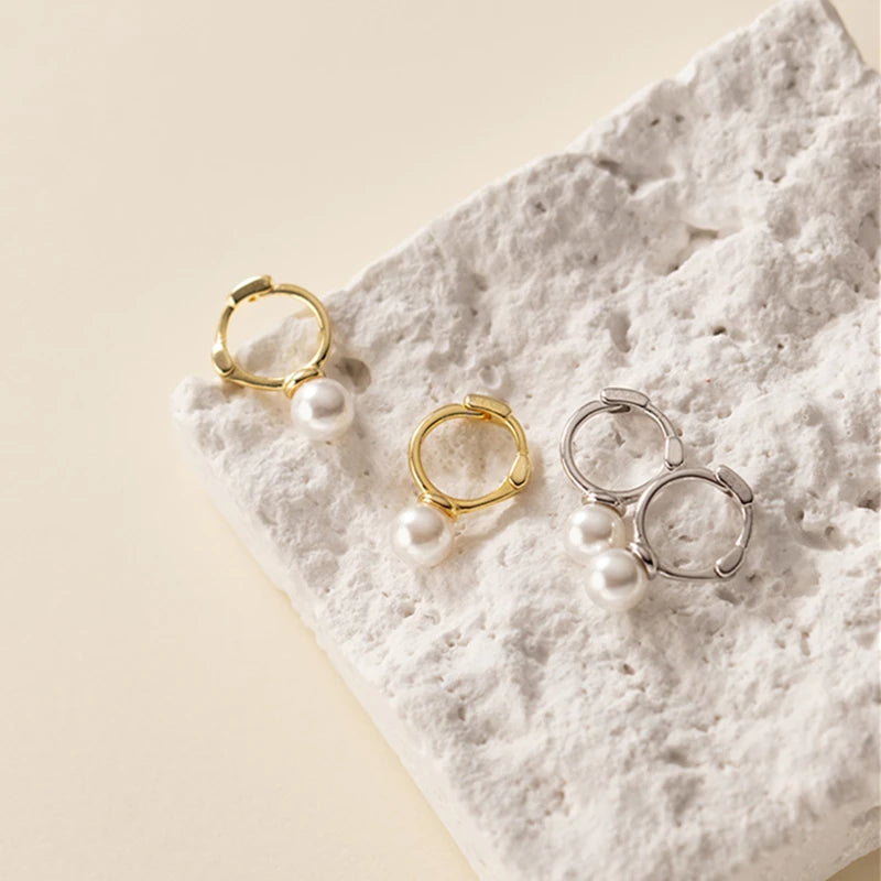 925 Silver Huggie Hoop Earrings Shell Pearl Jewelry