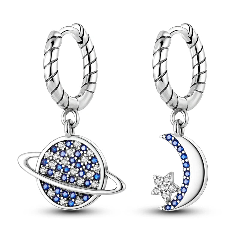 925 Silver CZ U Shape Star Moon Earrings