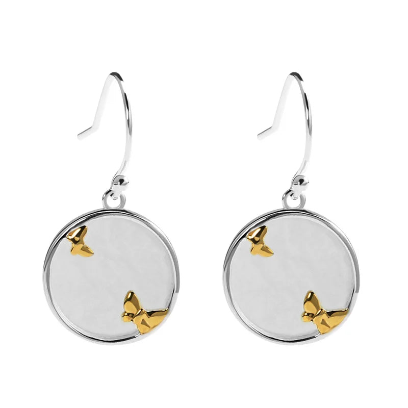 925 Silver Jade Earrings Chinese Butterfly Round Small Hanging EH123