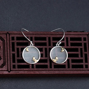 925 Silver Jade Earrings Chinese Butterfly Round Small Hanging EH123