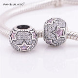 925 Silver Pink Star Paved Round Charm Bead for Bracelet
