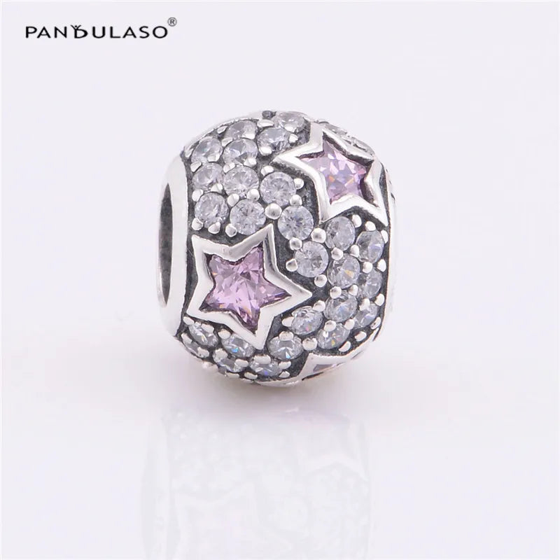 925 Silver Pink Star Paved Round Charm Bead for Bracelet