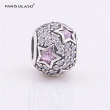 925 Silver Pink Star Paved Round Charm Bead for Bracelet