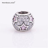 925 Silver Pink Star Paved Round Charm Bead for Bracelet