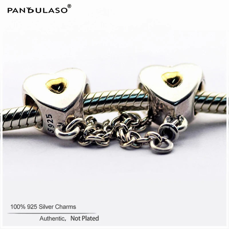 925 Silver Heart & Crown Safety Chain Beads for Charm Bracelet