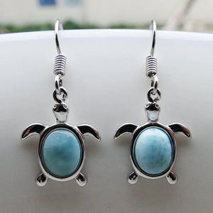 925 Silver Larimar Sea Turtle Dangle Earrings Women's Fine Jewelry