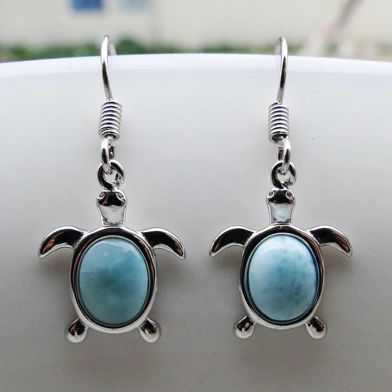 925 Silver Larimar Sea Turtle Dangle Earrings Women's Fine Jewelry