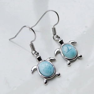 925 Silver Larimar Sea Turtle Dangle Earrings Women's Fine Jewelry